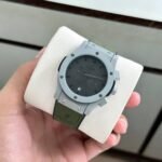 First Copy Hublot Big Bang Chronograph Automatic Watch With Grey Dial And Olive Green Leather Strap