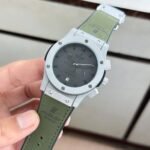 First Copy Hublot Big Bang Chronograph Automatic Watch With Grey Dial And Olive Green Leather Strap