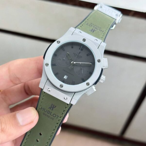 First Copy Hublot Big Bang Chronograph Automatic Watch With Grey Dial And Olive Green Leather Strap