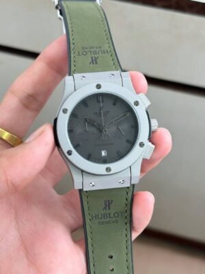 First Copy Hublot Big Bang Chronograph Automatic Watch With Grey Dial And Olive Green Leather Strap