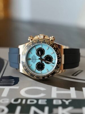 First Copy Luxury Chronograph Blue Dial Rubber Strap Watch With Rose Gold Case And Premium Finish