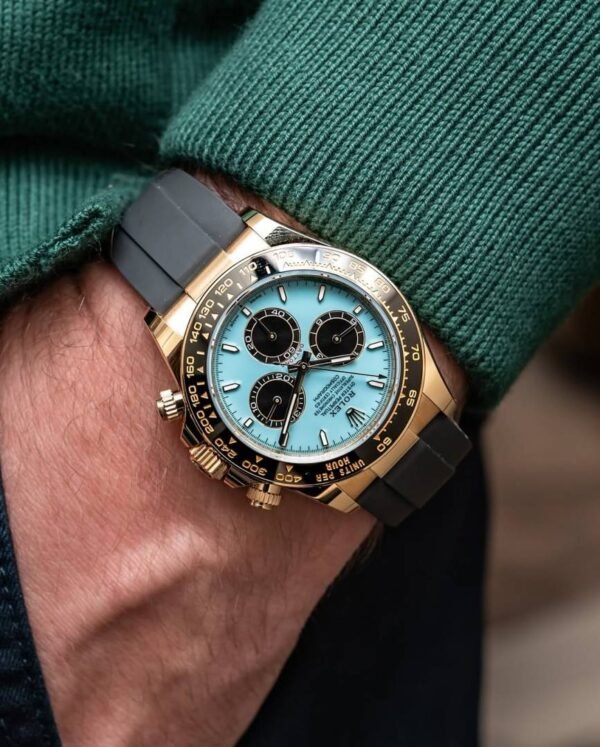 First Copy Luxury Chronograph Blue Dial Rubber Strap Watch With Rose Gold Case And Premium Finish