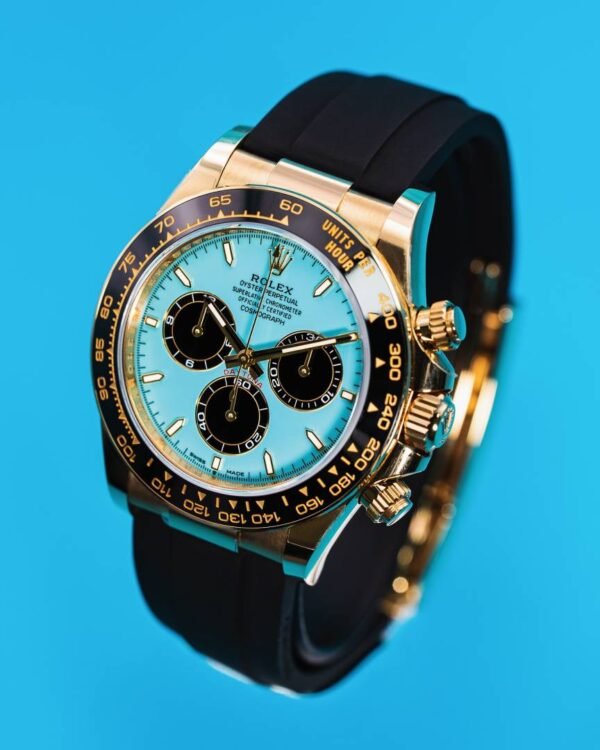 First Copy Luxury Chronograph Blue Dial Rubber Strap Watch With Rose Gold Case And Premium Finish