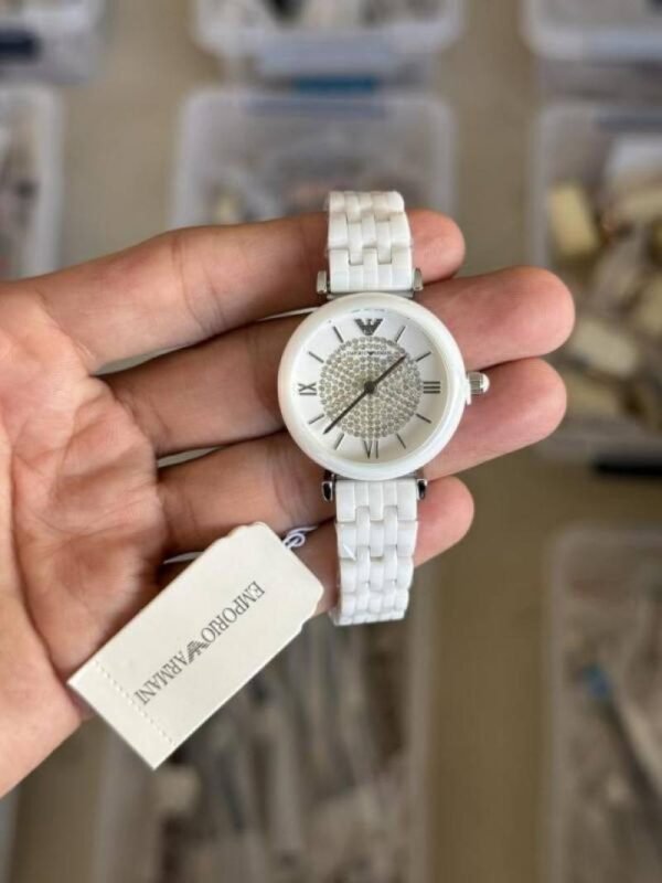 First Copy Emporio Armani White Diamond Dial Watch For Women