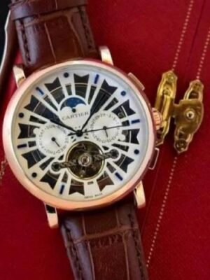First Copy Luxury Skeleton Roman Dial Moonphase Automatic Watch With Brown Leather Strap