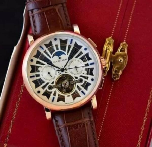 First Copy Luxury Skeleton Roman Dial Moonphase Automatic Watch With Brown Leather Strap