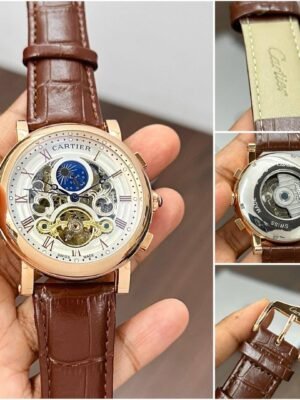 First Copy Cartier Skeleton Moonphase Automatic Watch With Rose Gold Case And Brown Leather Strap