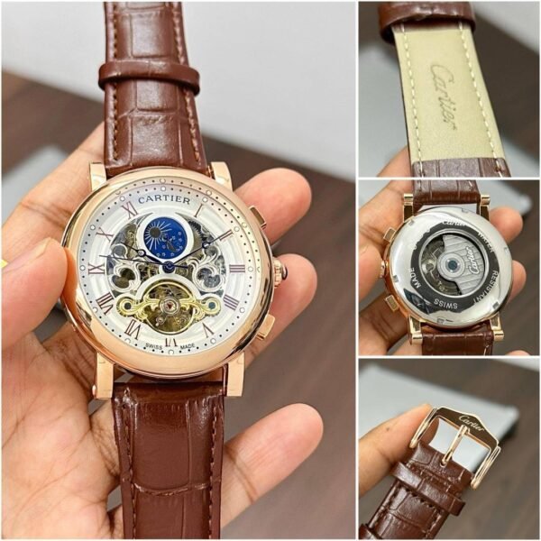 First Copy Cartier Skeleton Moonphase Automatic Watch With Rose Gold Case And Brown Leather Strap