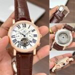 First Copy Cartier Roman Numeral Skeleton Automatic Watch With Rose Gold Case And Brown Leather Strap