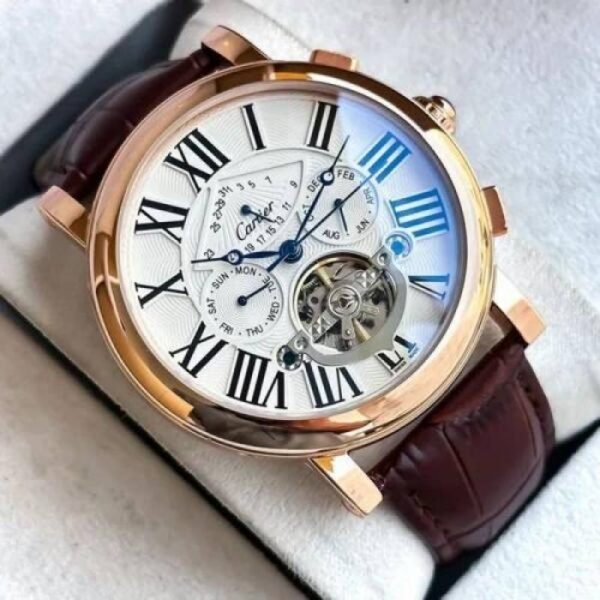 First Copy Cartier Roman Numeral Skeleton Automatic Watch With Rose Gold Case And Brown Leather Strap