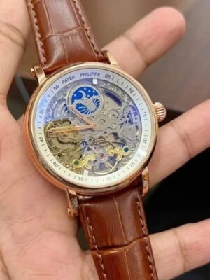 First Copy Patek Philippe Skeleton Moonphase Automatic Watch With Brown Leather Strap And Luxury Finish