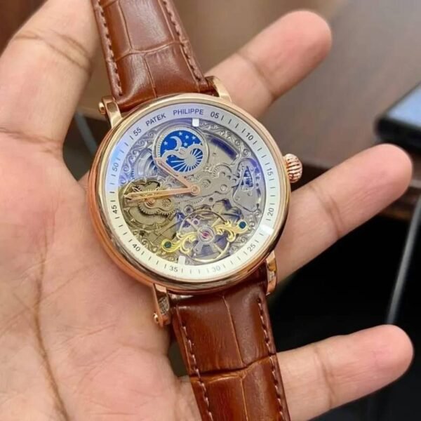 First Copy Patek Philippe Skeleton Moonphase Automatic Watch With Brown Leather Strap And Luxury Finish