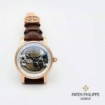 First Copy Patek Philippe Skeleton Automatic Watch With Rose Gold Case And Brown Leather Strap