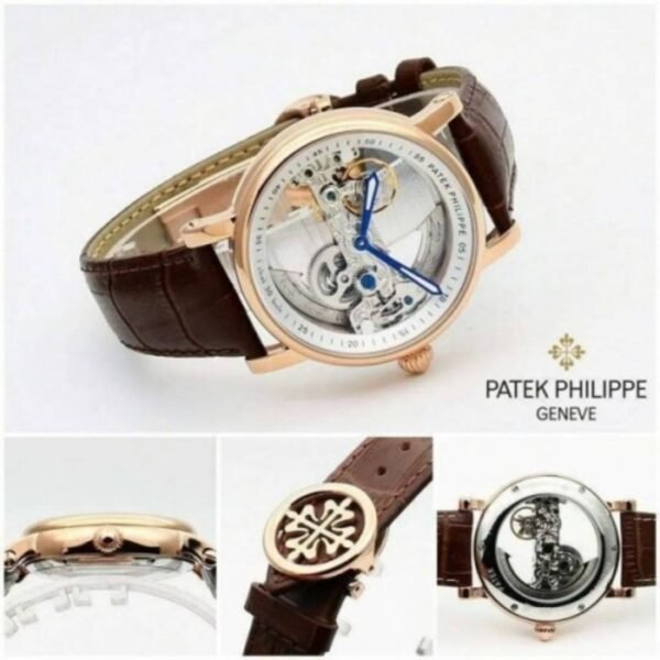 First Copy Patek Philippe Skeleton Automatic Watch With Rose Gold Case And Brown Leather Strap