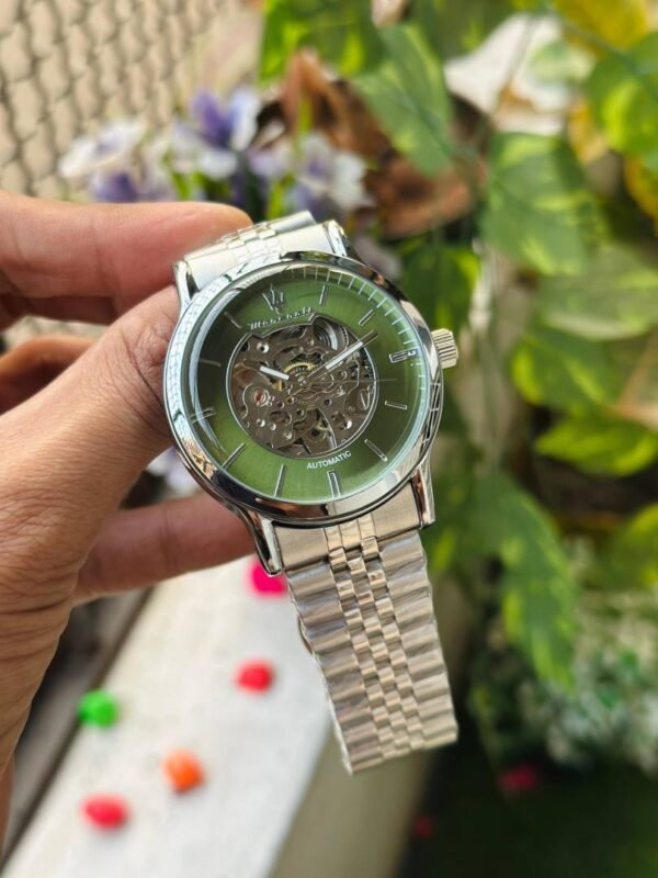 First Copy Luxury Green Skeleton Dial Automatic Stainless Steel Watch With Premium Finish