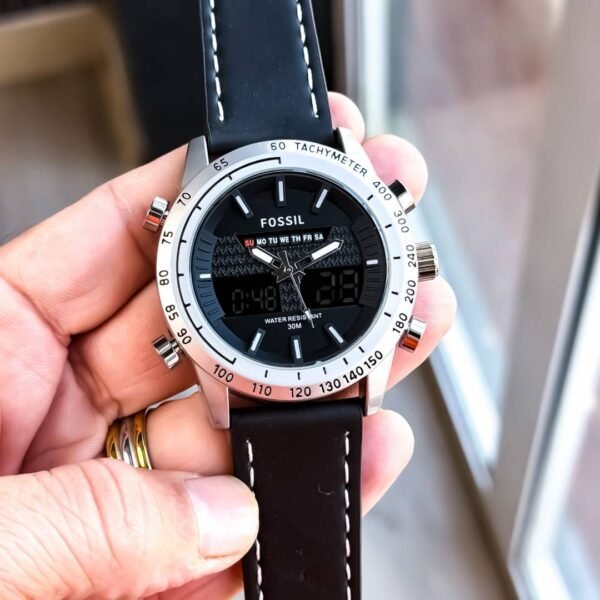 First Copy Fossil Hybrid Chronograph Black Dial Watch With Tachymeter Bezel And Leather Strap