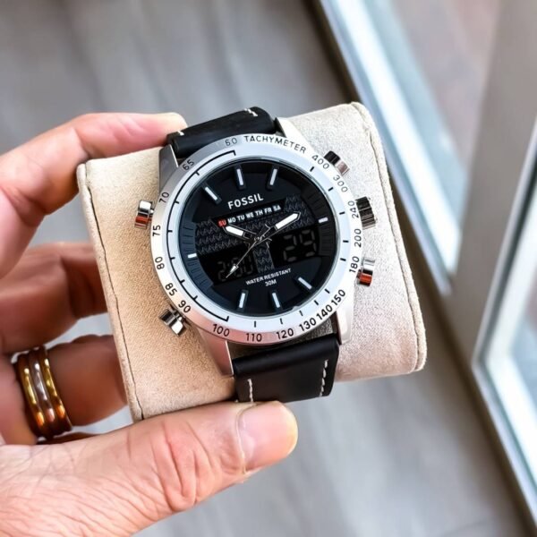 First Copy Fossil Hybrid Chronograph Black Dial Watch With Tachymeter Bezel And Leather Strap