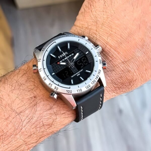 First Copy Fossil Hybrid Chronograph Black Dial Watch With Tachymeter Bezel And Leather Strap
