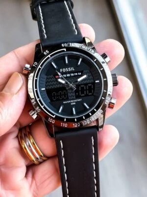 First Copy Fossil Hybrid Chronograph Black Dial Watch With Tachymeter Bezel And Leather Strap