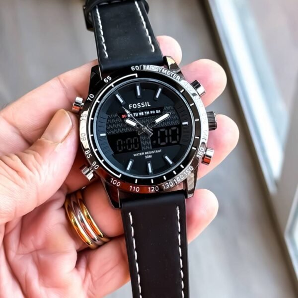 First Copy Fossil Hybrid Chronograph Black Dial Watch With Tachymeter Bezel And Leather Strap