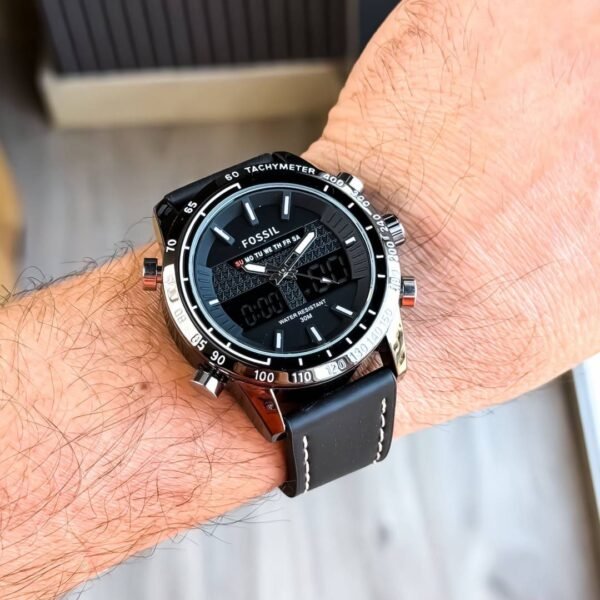 First Copy Fossil Hybrid Chronograph Black Dial Watch With Tachymeter Bezel And Leather Strap