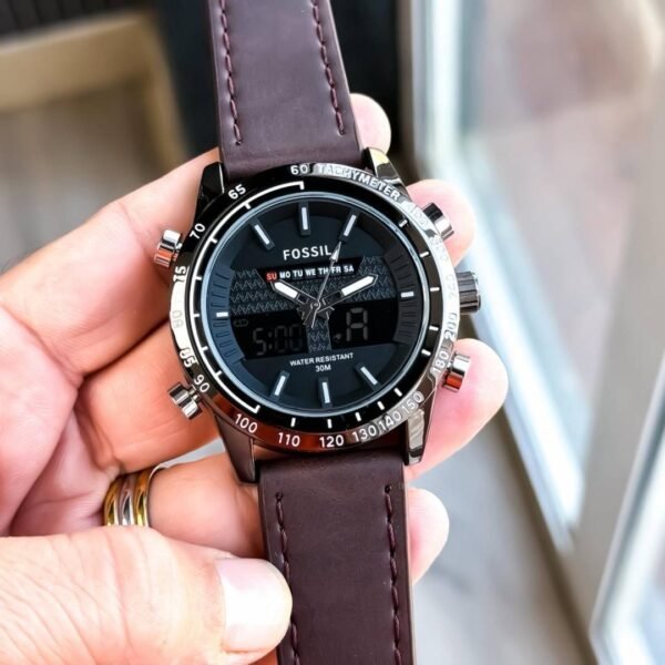 First Copy Fossil Hybrid Chronograph Black Dial Watch With Tachymeter Bezel And Brown Leather Strap