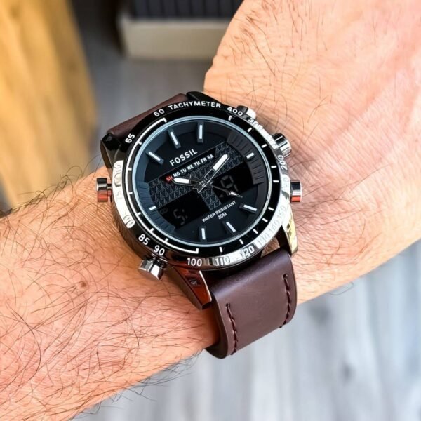 First Copy Fossil Hybrid Chronograph Black Dial Watch With Tachymeter Bezel And Brown Leather Strap