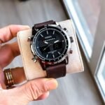 First Copy Fossil Hybrid Chronograph Black Dial Watch With Tachymeter Bezel And Brown Leather Strap