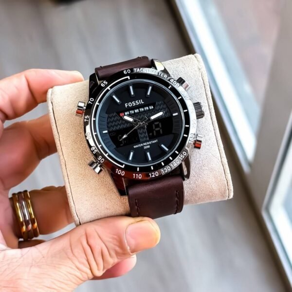 First Copy Fossil Hybrid Chronograph Black Dial Watch With Tachymeter Bezel And Brown Leather Strap