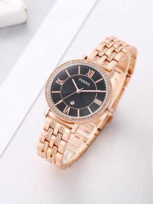 First Copy Fossil Rose Gold Black Dial Crystal Bezel Women’s Analog Watch