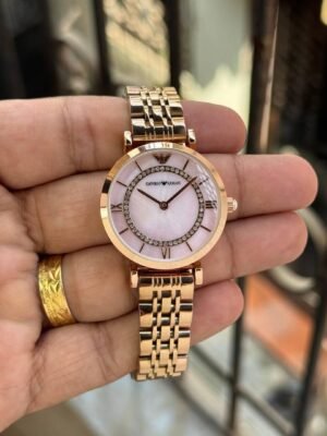 First Copy Emporio Armani Rose Gold White Dial Diamond Bezel Women’s Analog Watch