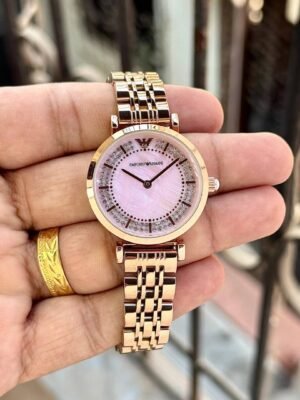 First Copy Emporio Armani Rose Gold Pink Dial Diamond Bezel Women’s Analog Watch