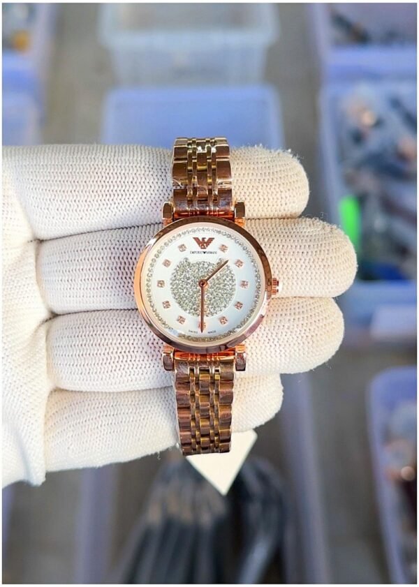 First Copy Emporio Armani Rose Gold White Dial Diamond Marker Women’s Analog Watch