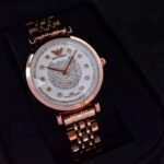 First Copy Emporio Armani Rose Gold White Dial Full Diamond Women’s Analog Watch
