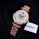 First Copy Emporio Armani Rose Gold White Dial Full Diamond Women’s Analog Watch