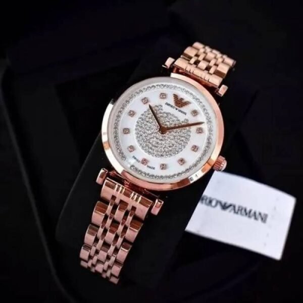First Copy Emporio Armani Rose Gold White Dial Full Diamond Women’s Analog Watch