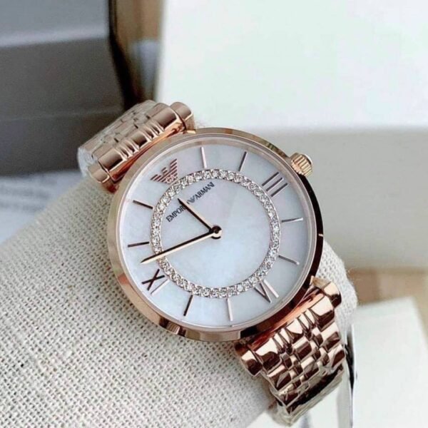 First Copy Emporio Armani Rose Gold White Dial Roman Marker Diamond Bezel Women’s Analog Watch