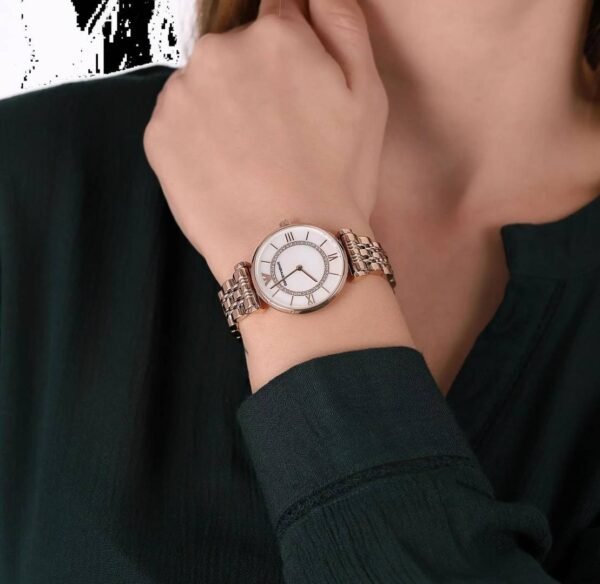 First Copy Emporio Armani Rose Gold White Dial Roman Marker Diamond Bezel Women’s Analog Watch