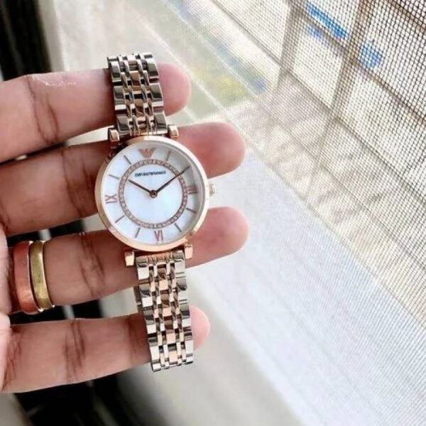 First Copy Emporio Armani Silver Rose Gold White Dial Roman Marker Diamond Bezel Women’s Analog Watch