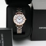 First Copy Emporio Armani Silver Rose Gold White Dial Roman Marker Diamond Bezel Women’s Analog Watch