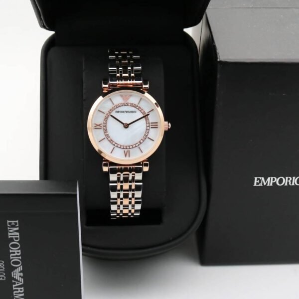 First Copy Emporio Armani Silver Rose Gold White Dial Roman Marker Diamond Bezel Women’s Analog Watch