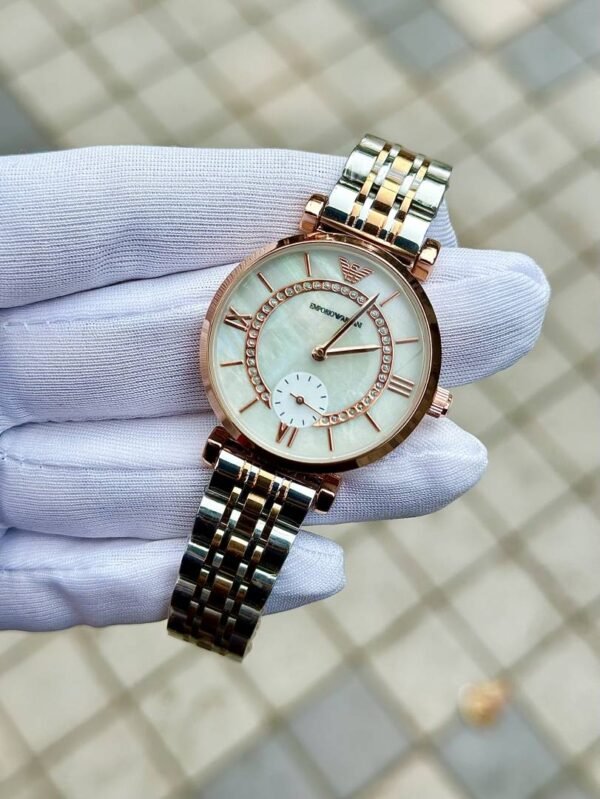 First Copy Emporio Armani Rose Gold White Dial Roman Marker Diamond Bezel Women’s Analog Watch