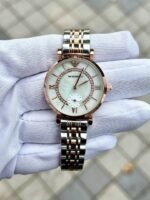 First Copy Emporio Armani Rose Gold White Dial Roman Marker Diamond Bezel Women’s Analog Watch
