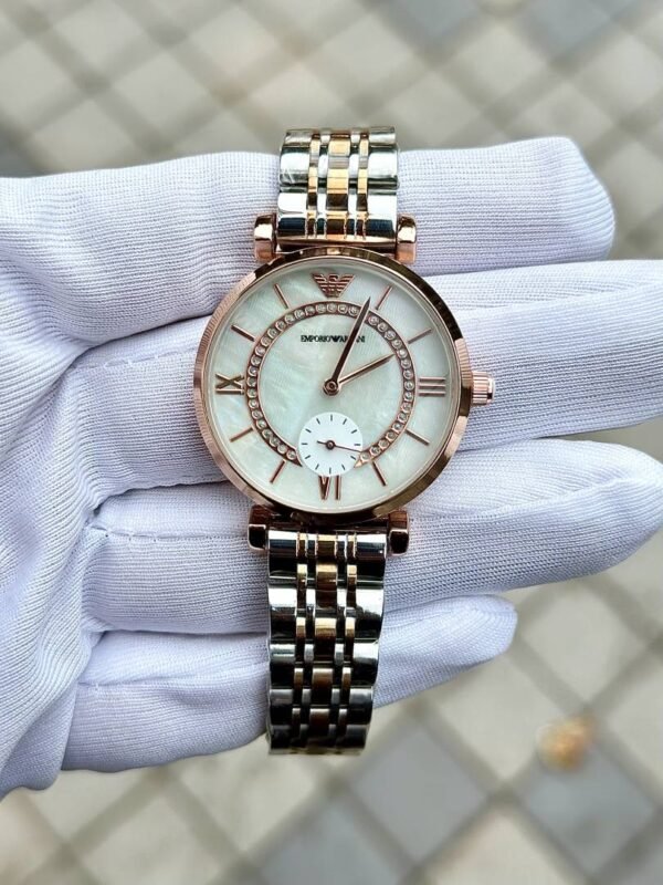 First Copy Emporio Armani Rose Gold White Dial Roman Marker Diamond Bezel Women’s Analog Watch