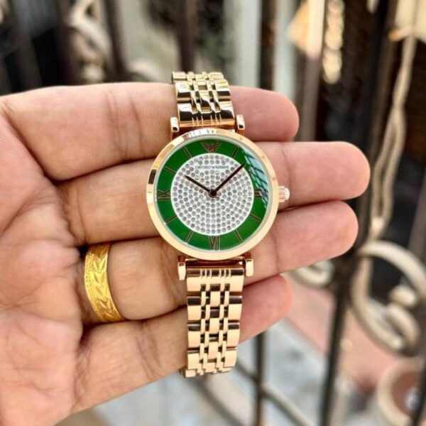 First Copy Emporio Armani Rose Gold Green Dial Full Diamond Women’s Analog Watch