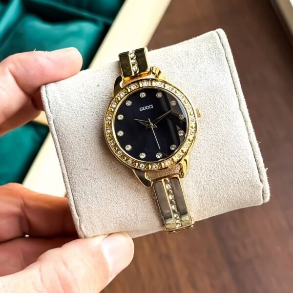 First Copy Gucci Diamond Bezel Gold Black Dial Women’s Analog Watch