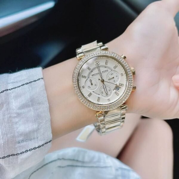 First Copy Michael Kors Parker Gold Crystal Bezel Women’s Analog Watch