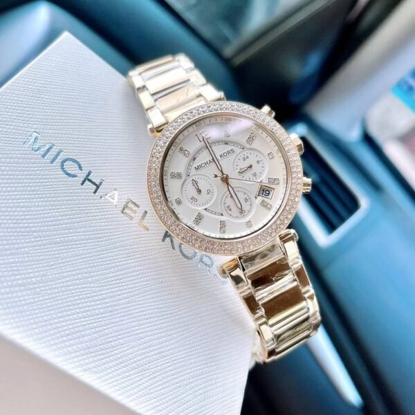 First Copy Michael Kors Parker Gold Crystal Bezel Women’s Analog Watch