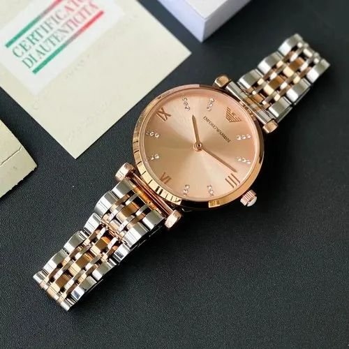 First Copy Emporio Armani Silver Rose Gold Champagne Dial Diamond Marker Women’s Analog Watch
