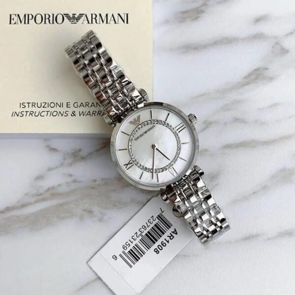 First Copy Emporio Armani Silver White Dial Roman Marker Diamond Bezel Women’s Analog Watch